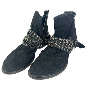 Suede black ankle boots Chelsea with metal embellished straps buckle side zip